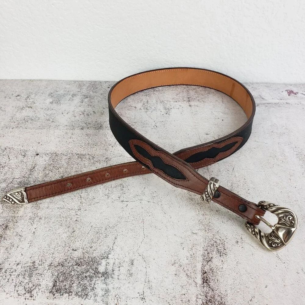 Vintage NOCONA Leather Belt Western Engraved Buckle Southwestern Boho Brown 34